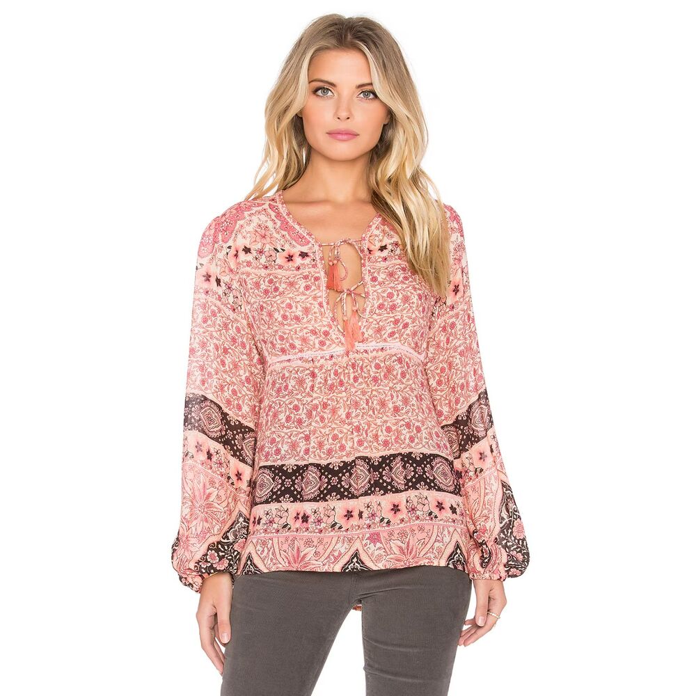 SPELL Aloha Fox Blouse Size S Pink Boho Floral Peasant Blouse Coastal Vacation